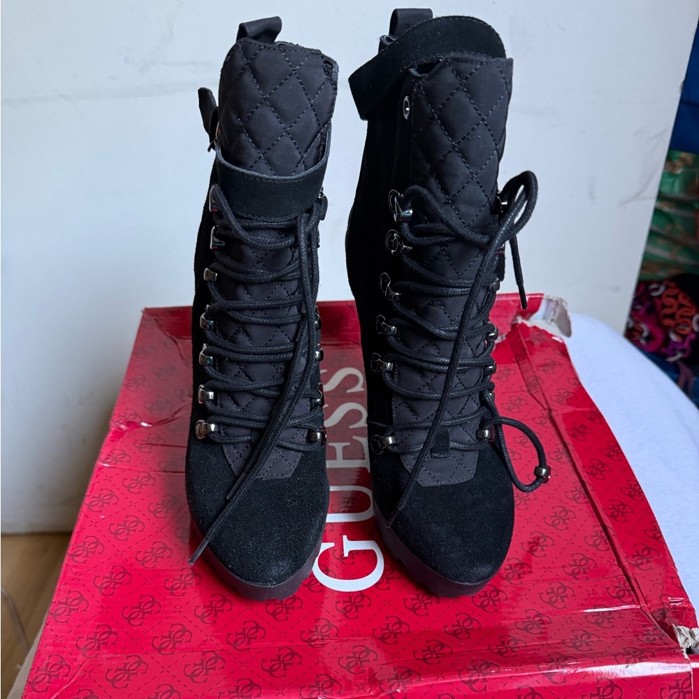 GUESS Black Lace-Up Quilted Boots